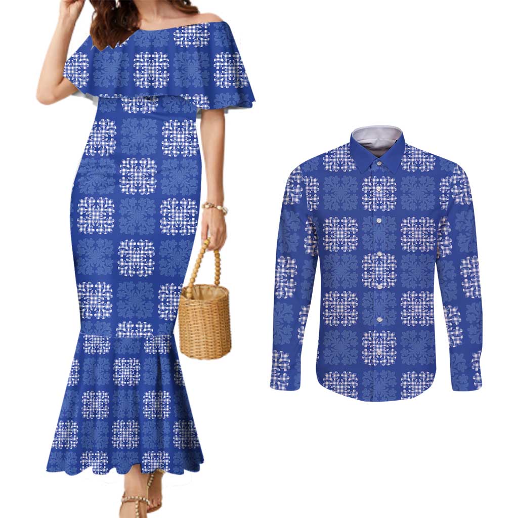 Royal Blue Palaka Quilt Hawaii Couples Matching Mermaid Dress and Long Sleeve Button Shirt Traditional Hawaii-plaid Pattern - Polynesian Pride