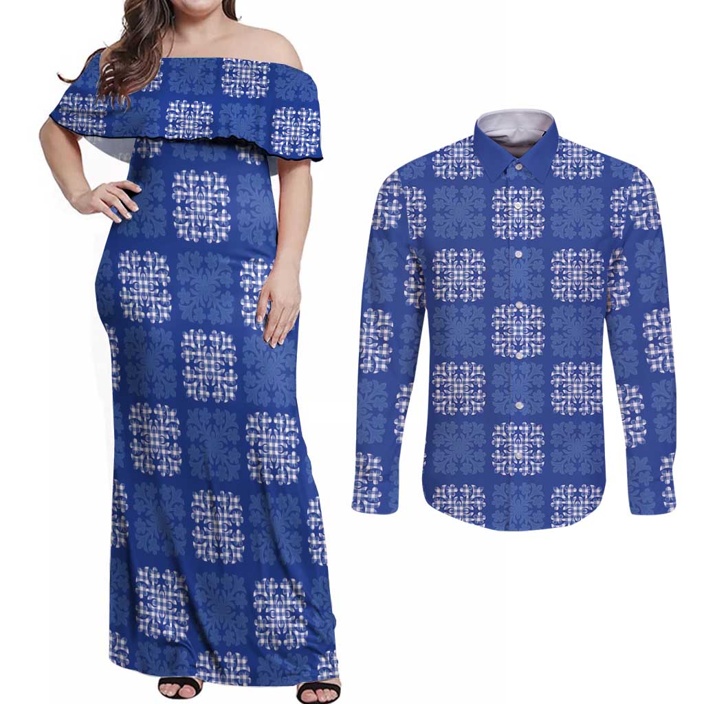 Royal Blue Palaka Quilt Hawaii Couples Matching Off Shoulder Maxi Dress and Long Sleeve Button Shirt Traditional Hawaii-plaid Pattern - Polynesian Pride