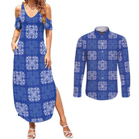 Royal Blue Palaka Quilt Hawaii Couples Matching Summer Maxi Dress and Long Sleeve Button Shirt Traditional Hawaii-plaid Pattern - Polynesian Pride