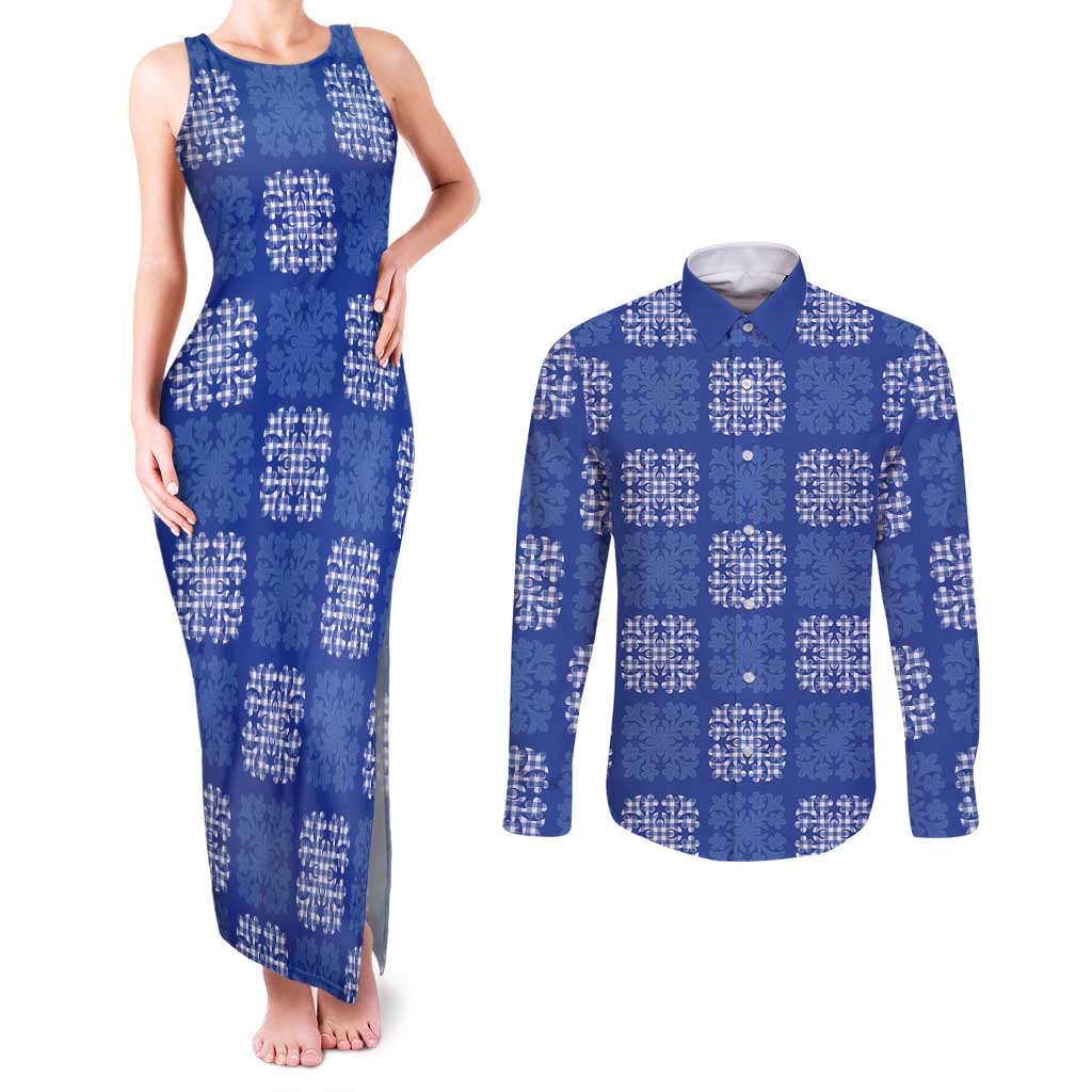 Royal Blue Palaka Quilt Hawaii Couples Matching Tank Maxi Dress and Long Sleeve Button Shirt Traditional Hawaii-plaid Pattern - Polynesian Pride