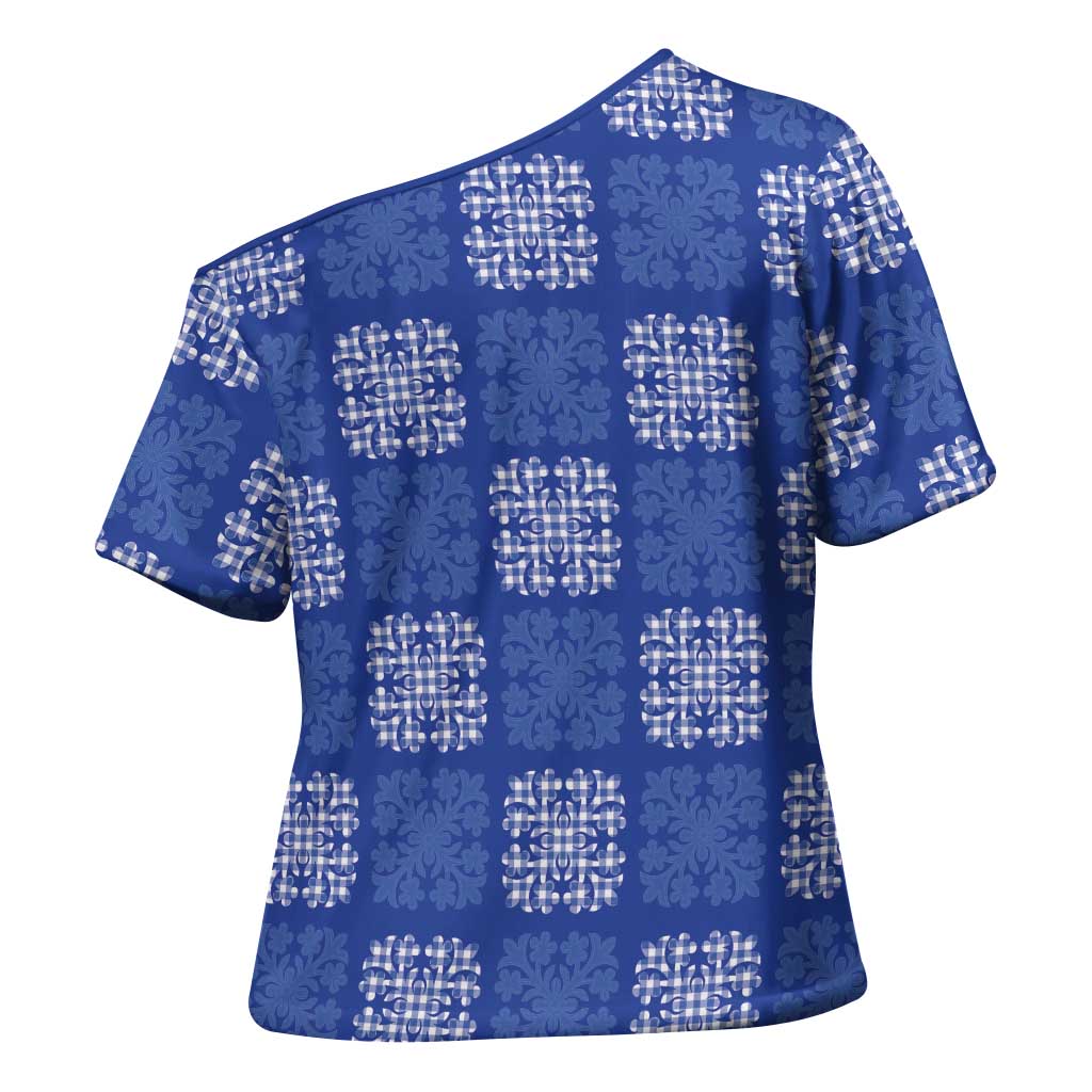 Royal Blue Palaka Quilt Hawaii Cross Shoulder Shirt Traditional Hawaii-plaid Pattern - Polynesian Pride