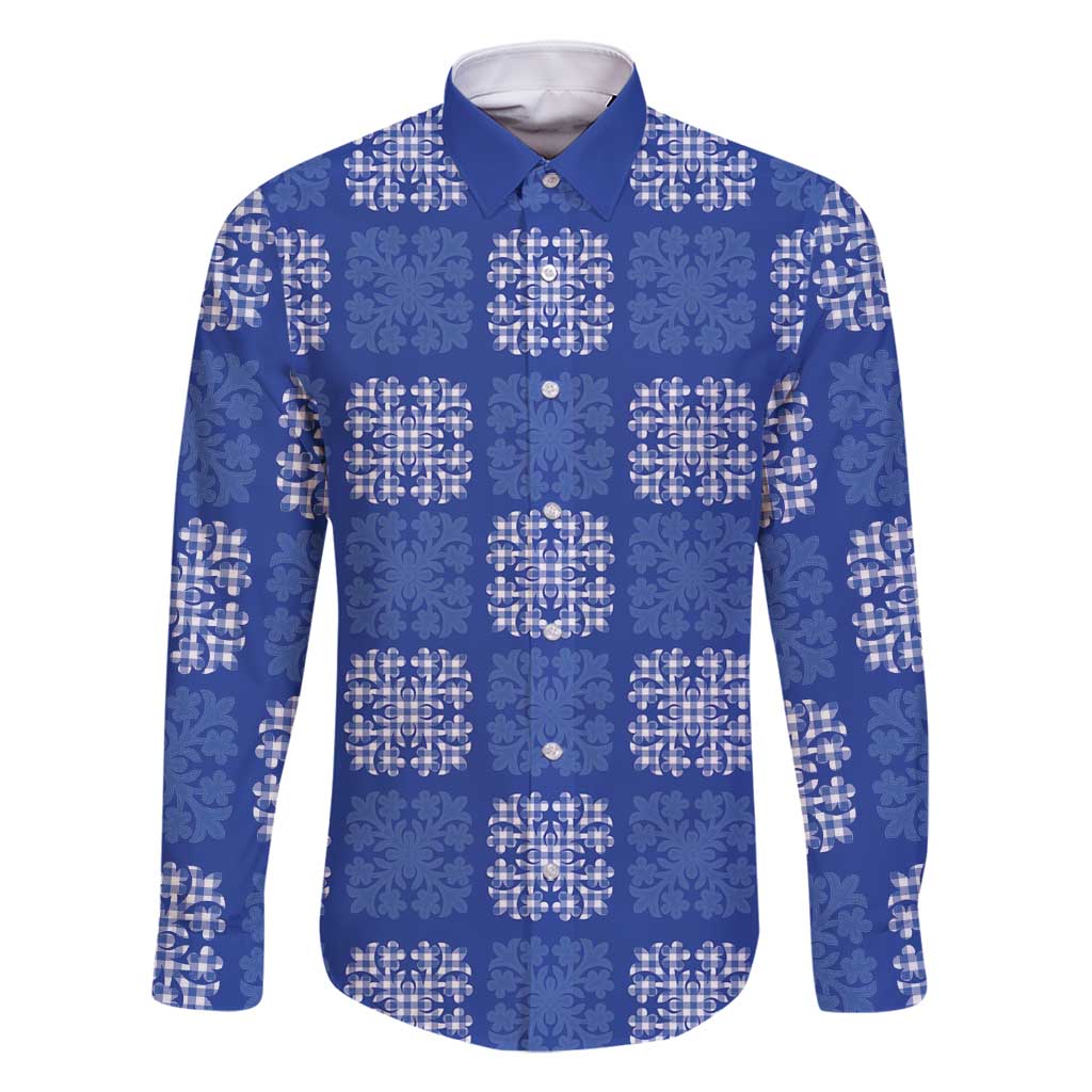 Royal Blue Palaka Quilt Hawaii Family Matching Long Sleeve Bodycon Dress and Hawaiian Shirt Traditional Hawaii-plaid Pattern LT14 Dad's Shirt - Long Sleeve Royal Blue - Polynesian Pride