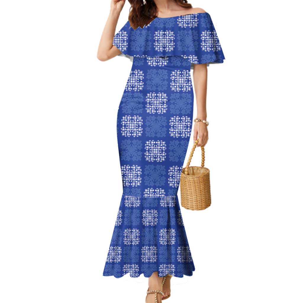 Royal Blue Palaka Quilt Hawaii Family Matching Mermaid Dress and Hawaiian Shirt Traditional Hawaii-plaid Pattern LT14 Mom's Dress Royal Blue - Polynesian Pride