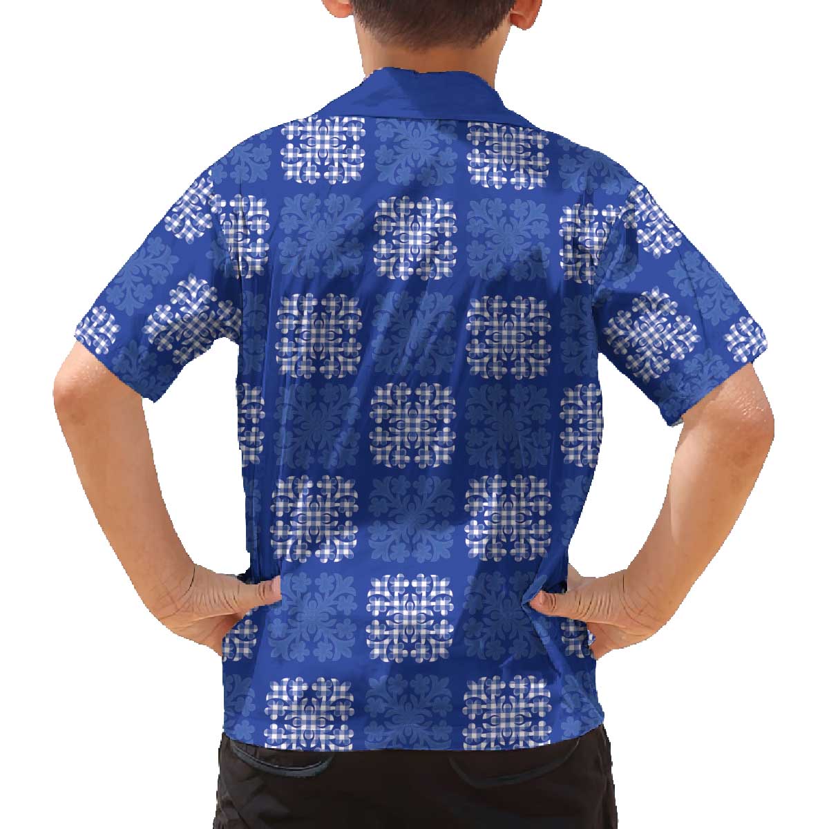 Royal Blue Palaka Quilt Hawaii Family Matching Off The Shoulder Long Sleeve Dress and Hawaiian Shirt Traditional Hawaii-plaid Pattern - Polynesian Pride