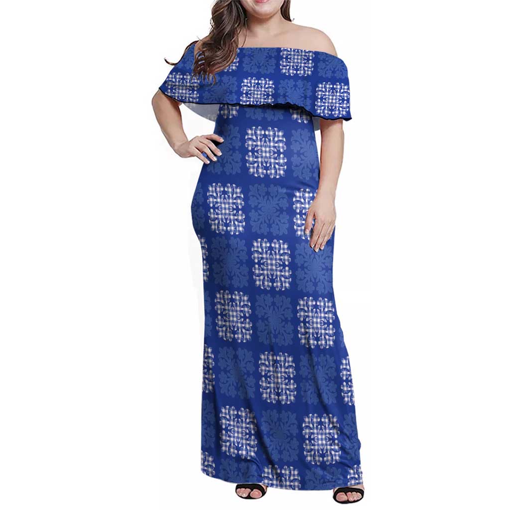 Royal Blue Palaka Quilt Hawaii Family Matching Off Shoulder Maxi Dress and Hawaiian Shirt Traditional Hawaii-plaid Pattern - Polynesian Pride