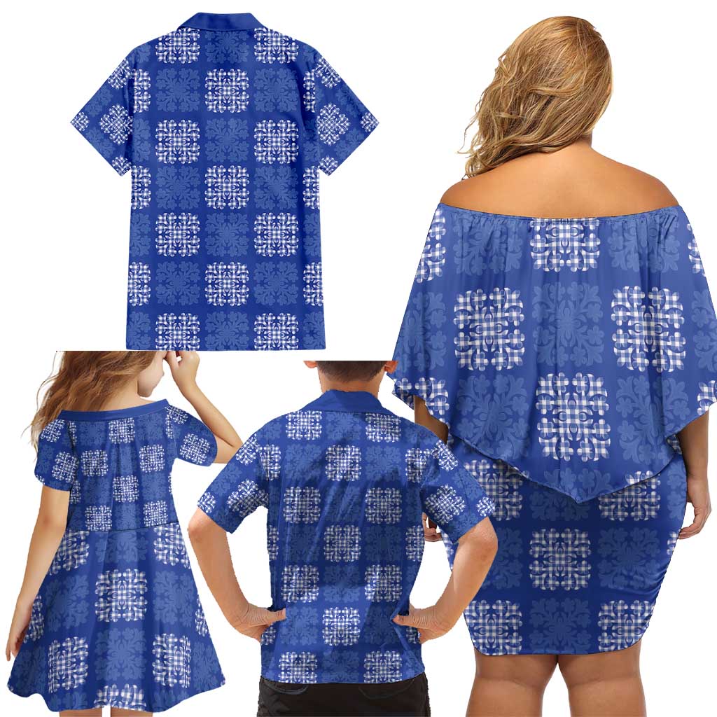 Royal Blue Palaka Quilt Hawaii Family Matching Off Shoulder Short Dress and Hawaiian Shirt Traditional Hawaii-plaid Pattern - Polynesian Pride