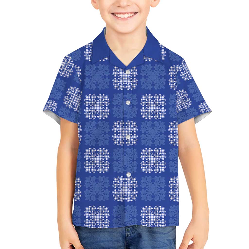 Royal Blue Palaka Quilt Hawaii Family Matching Off Shoulder Short Dress and Hawaiian Shirt Traditional Hawaii-plaid Pattern - Polynesian Pride