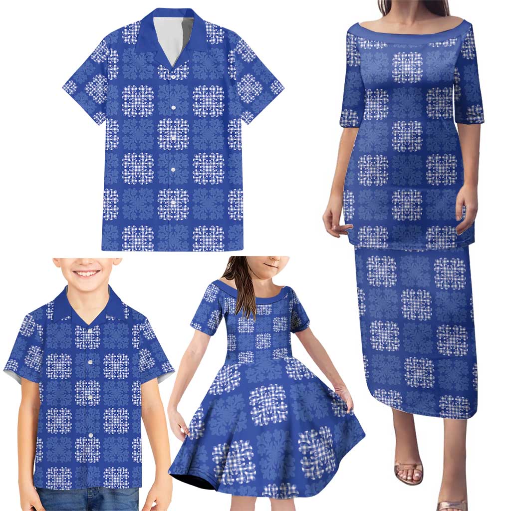 Royal Blue Palaka Quilt Hawaii Family Matching Puletasi and Hawaiian Shirt Traditional Hawaii-plaid Pattern - Polynesian Pride