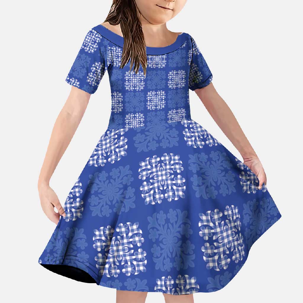 Royal Blue Palaka Quilt Hawaii Family Matching Short Sleeve Bodycon Dress and Hawaiian Shirt Traditional Hawaii-plaid Pattern LT14 Daughter's Dress Royal Blue - Polynesian Pride