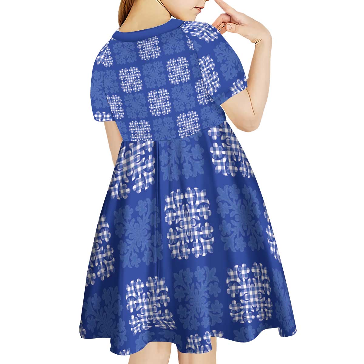 Royal Blue Palaka Quilt Hawaii Kid Short Sleeve Dress Traditional Hawaii-plaid Pattern - Polynesian Pride