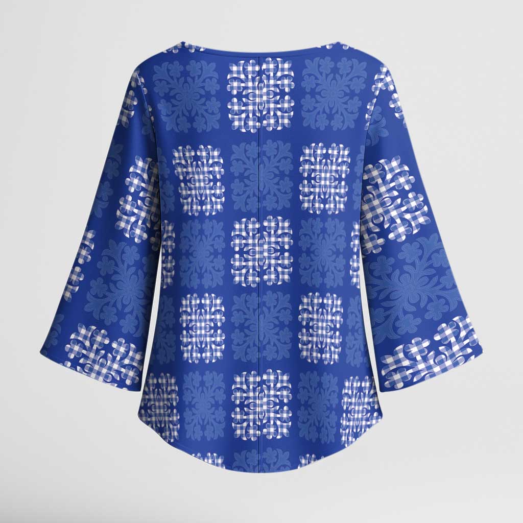 Royal Blue Palaka Quilt Hawaii Kimono Sleeve Blouse Traditional Hawaii-plaid Pattern - Polynesian Pride