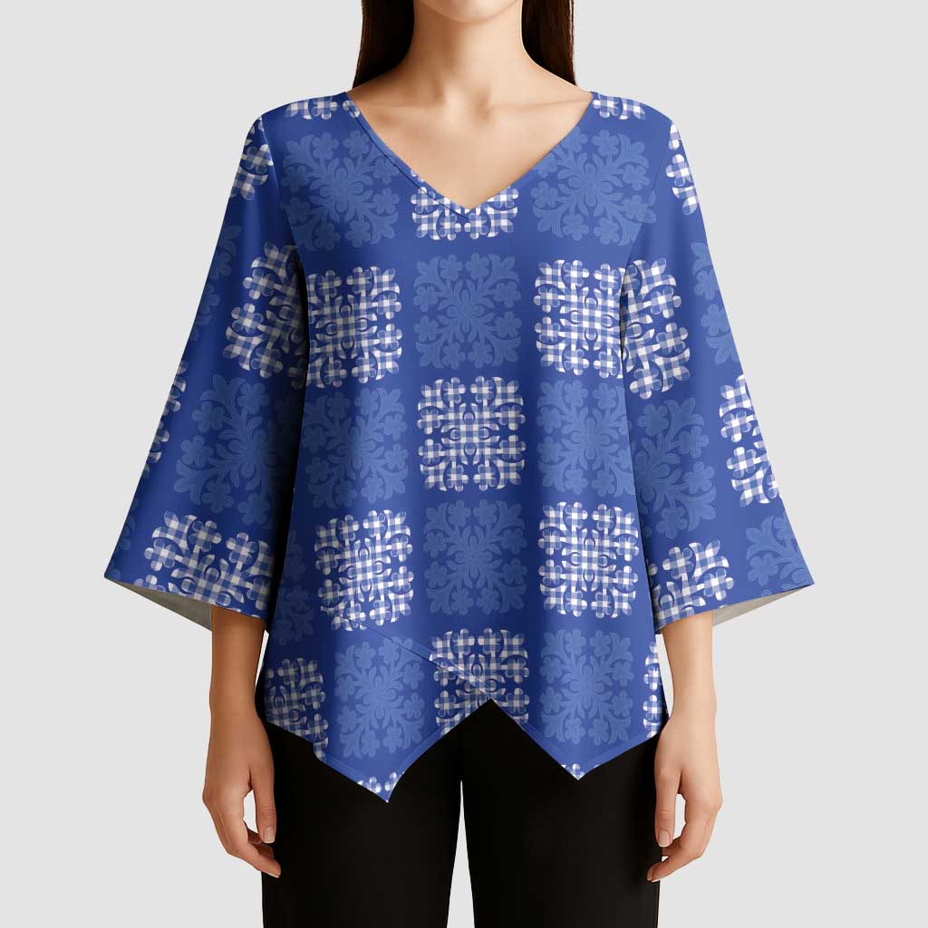 Royal Blue Palaka Quilt Hawaii Kimono Sleeve Blouse Traditional Hawaii-plaid Pattern - Polynesian Pride