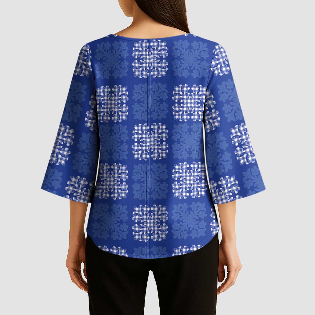 Royal Blue Palaka Quilt Hawaii Kimono Sleeve Blouse Traditional Hawaii-plaid Pattern - Polynesian Pride