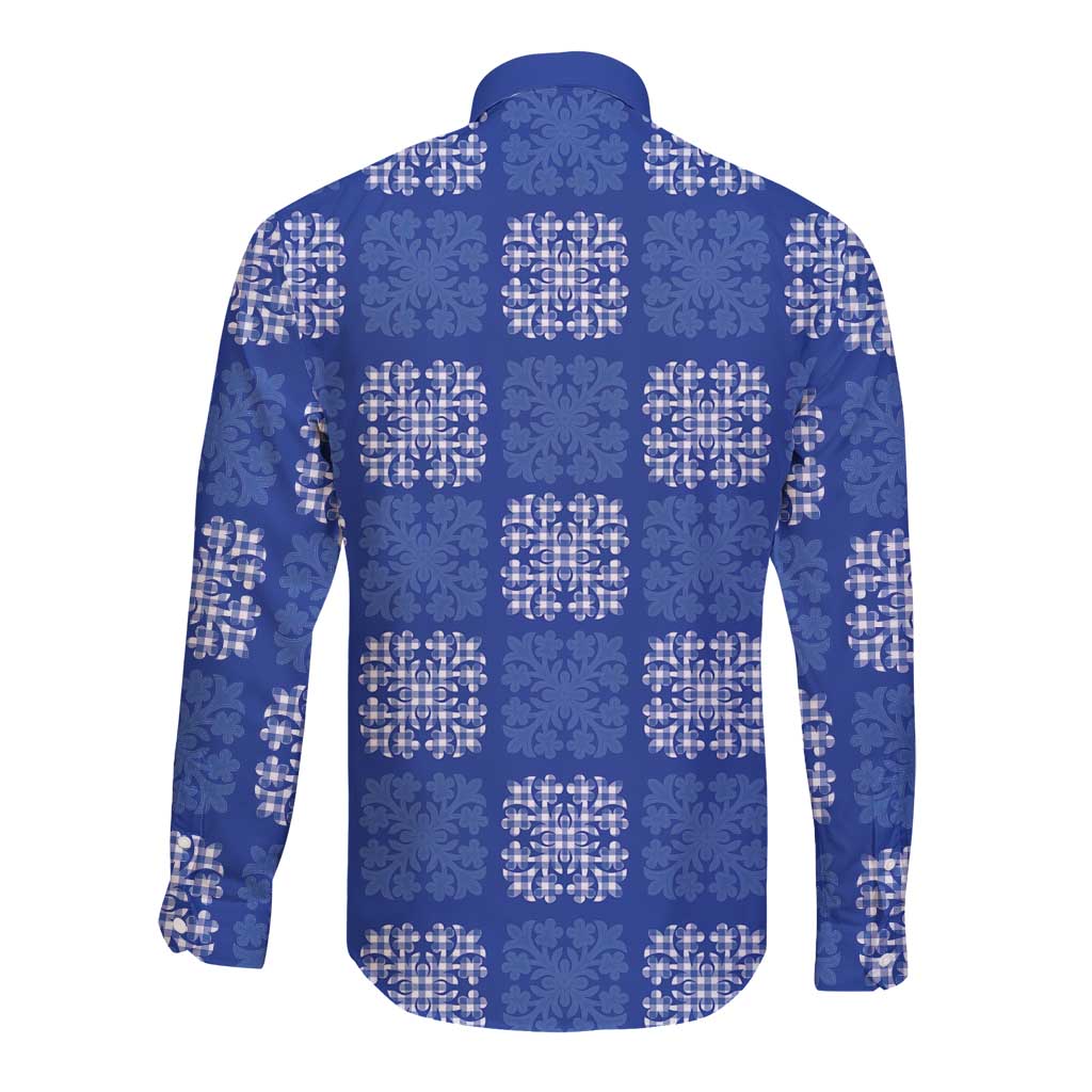 Royal Blue Palaka Quilt Hawaii Long Sleeve Button Shirt Traditional Hawaii-plaid Pattern - Polynesian Pride