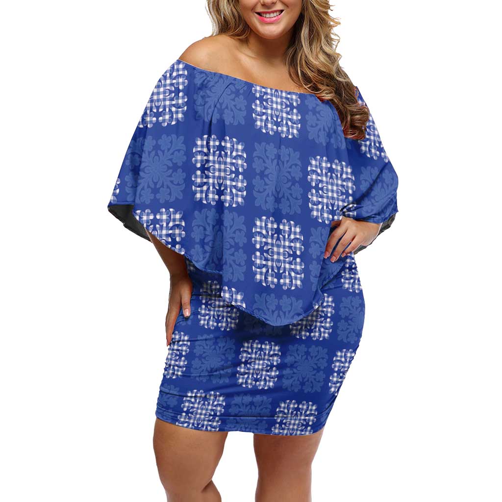 Royal Blue Palaka Quilt Hawaii Off Shoulder Short Dress Traditional Hawaii-plaid Pattern - Polynesian Pride