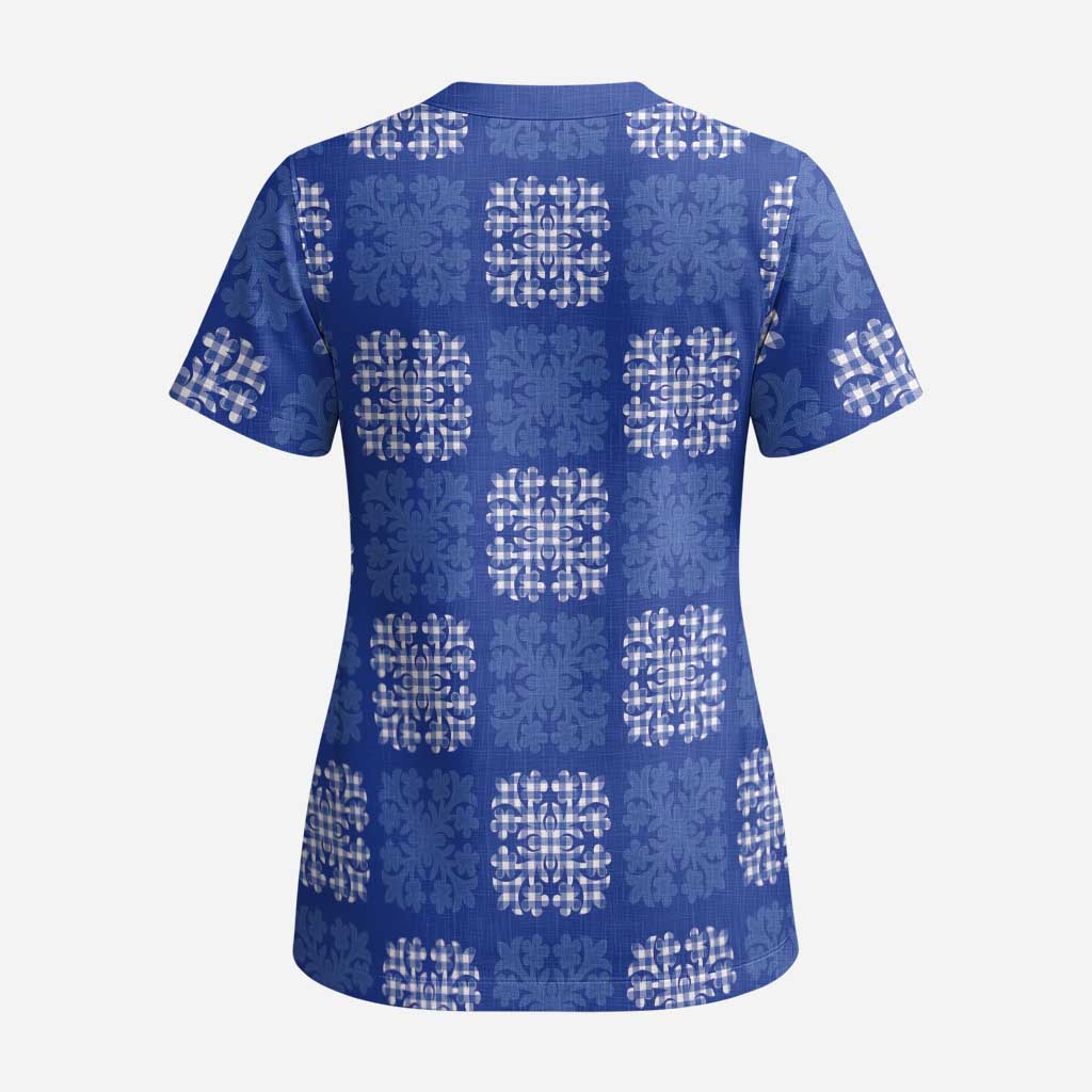 Royal Blue Palaka Quilt Hawaii Scrub Top Traditional Hawaii-plaid Pattern - Polynesian Pride
