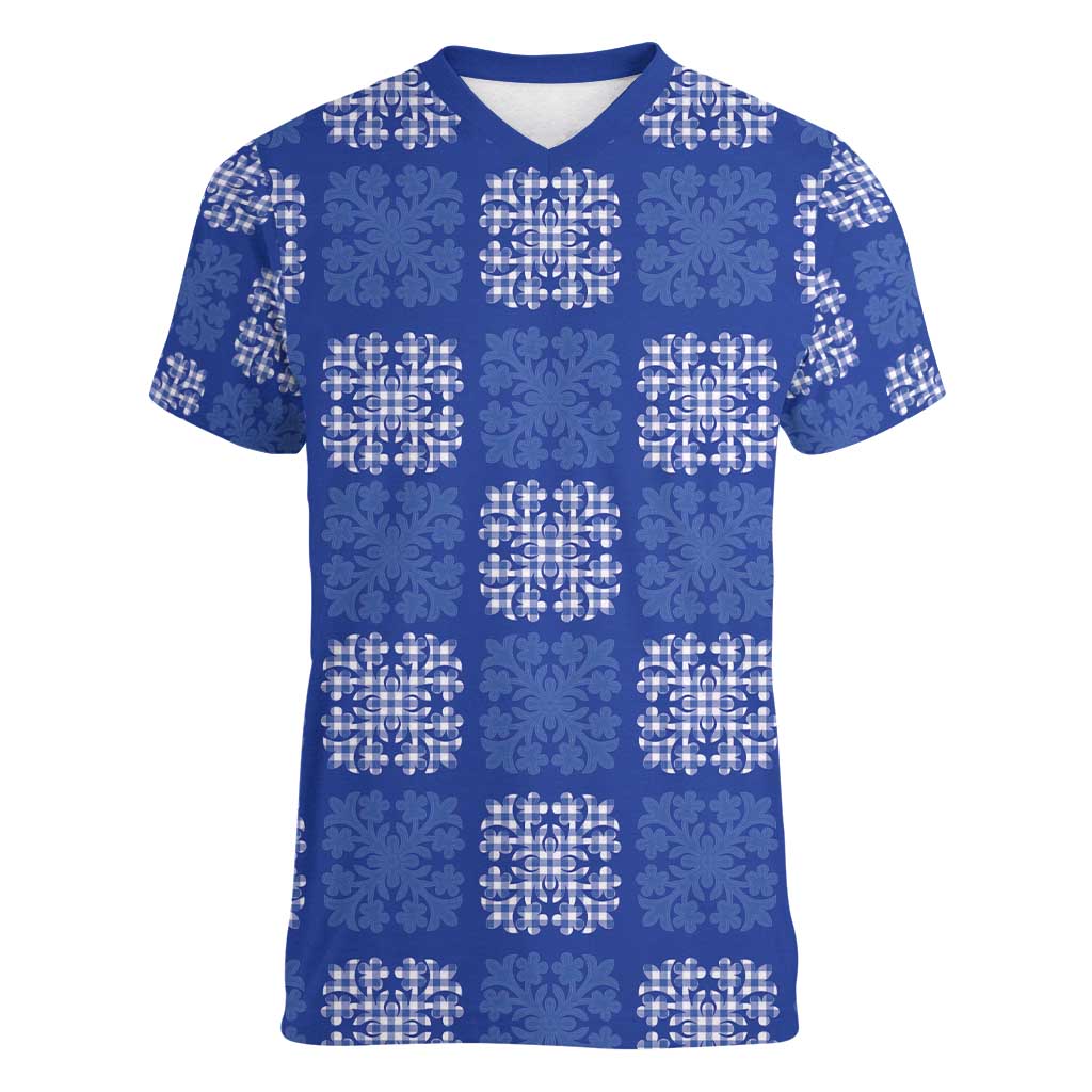 Royal Blue Palaka Quilt Hawaii Women V-Neck T-Shirt Traditional Hawaii-plaid Pattern - Polynesian Pride