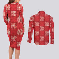 Red Palaka Quilt Hawaii Couples Matching Long Sleeve Bodycon Dress and Long Sleeve Button Shirt Traditional Hawaii-plaid Pattern - Polynesian Pride