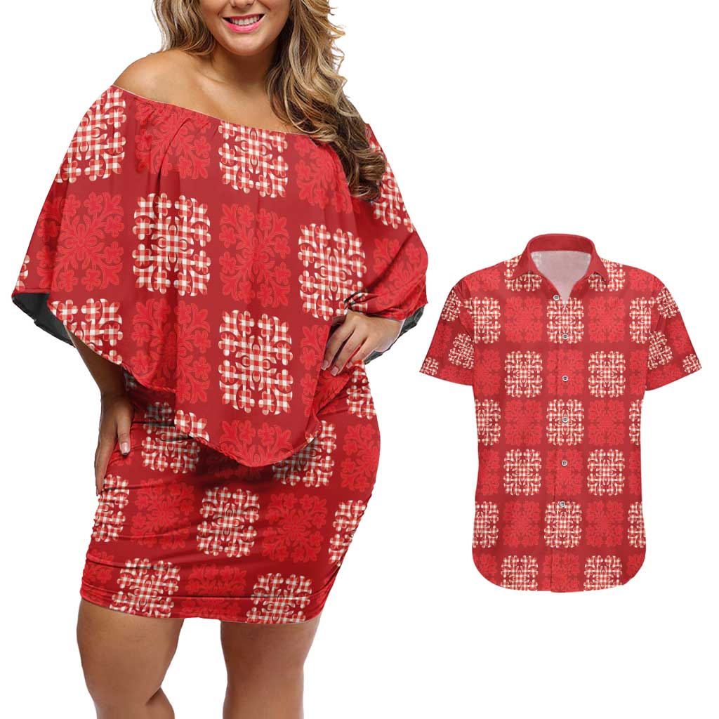 Red Palaka Quilt Hawaii Couples Matching Off Shoulder Short Dress and Hawaiian Shirt Traditional Hawaii-plaid Pattern - Polynesian Pride