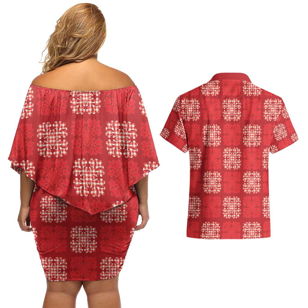 Red Palaka Quilt Hawaii Couples Matching Off Shoulder Short Dress and Hawaiian Shirt Traditional Hawaii-plaid Pattern - Polynesian Pride