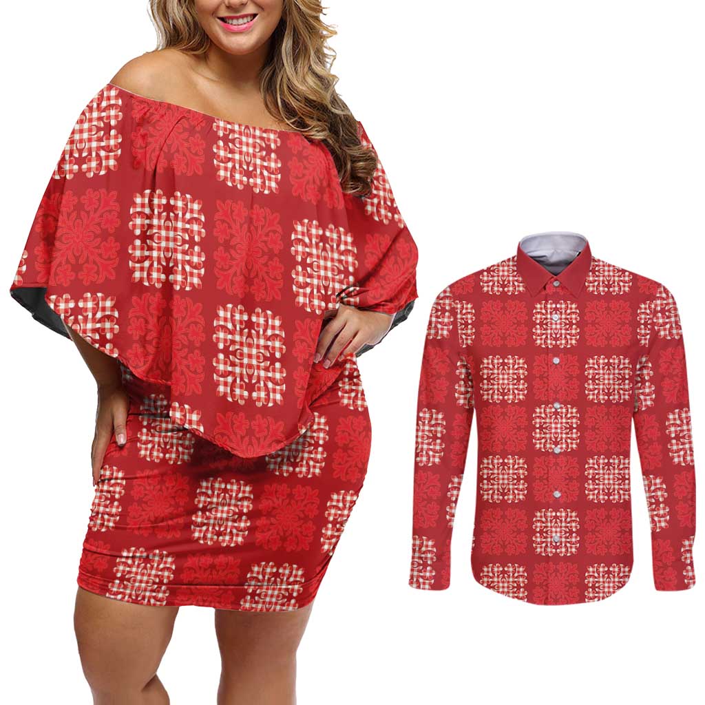 Red Palaka Quilt Hawaii Couples Matching Off Shoulder Short Dress and Long Sleeve Button Shirt Traditional Hawaii-plaid Pattern - Polynesian Pride