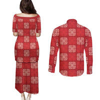 Red Palaka Quilt Hawaii Couples Matching Puletasi and Long Sleeve Button Shirt Traditional Hawaii-plaid Pattern - Polynesian Pride