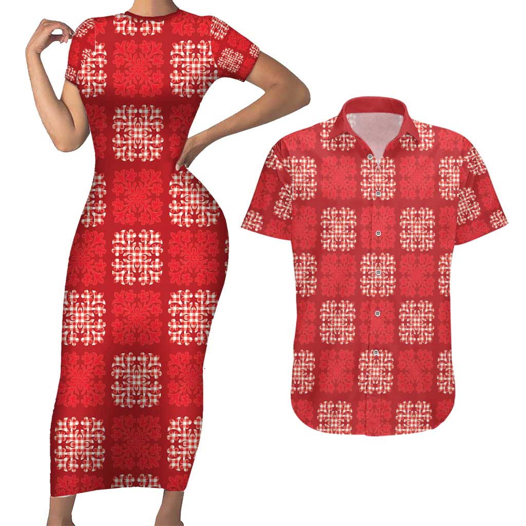 Red Palaka Quilt Hawaii Couples Matching Short Sleeve Bodycon Dress and Hawaiian Shirt Traditional Hawaii-plaid Pattern - Polynesian Pride