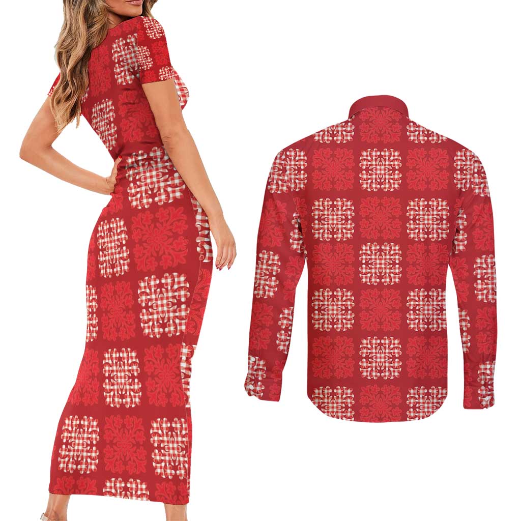 Red Palaka Quilt Hawaii Couples Matching Short Sleeve Bodycon Dress and Long Sleeve Button Shirt Traditional Hawaii-plaid Pattern - Polynesian Pride