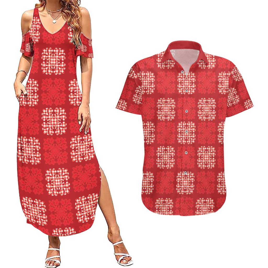 Red Palaka Quilt Hawaii Couples Matching Summer Maxi Dress and Hawaiian Shirt Traditional Hawaii-plaid Pattern - Polynesian Pride