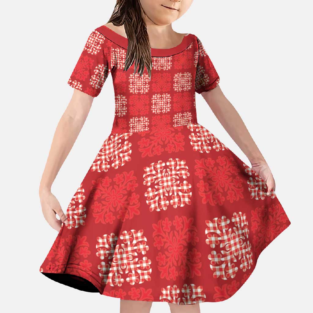 Red Palaka Quilt Hawaii Family Matching Long Sleeve Bodycon Dress and Hawaiian Shirt Traditional Hawaii-plaid Pattern LT14 Daughter's Dress Red - Polynesian Pride