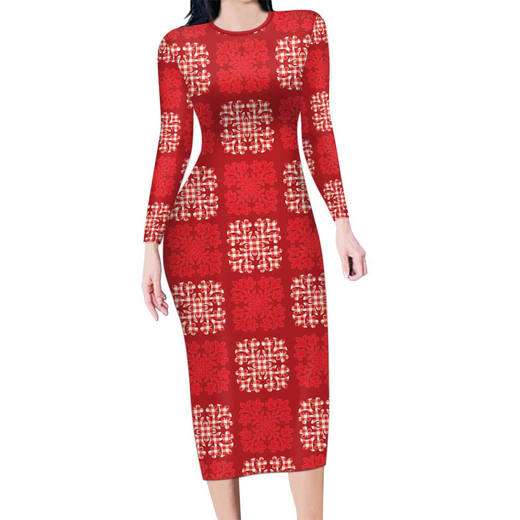 Red Palaka Quilt Hawaii Family Matching Long Sleeve Bodycon Dress and Hawaiian Shirt Traditional Hawaii-plaid Pattern LT14 Mom's Dress Red - Polynesian Pride