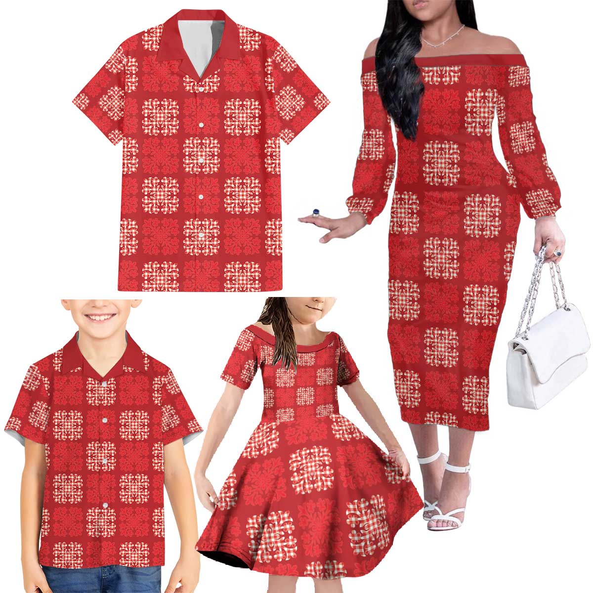 Red Palaka Quilt Hawaii Family Matching Off The Shoulder Long Sleeve Dress and Hawaiian Shirt Traditional Hawaii-plaid Pattern - Polynesian Pride