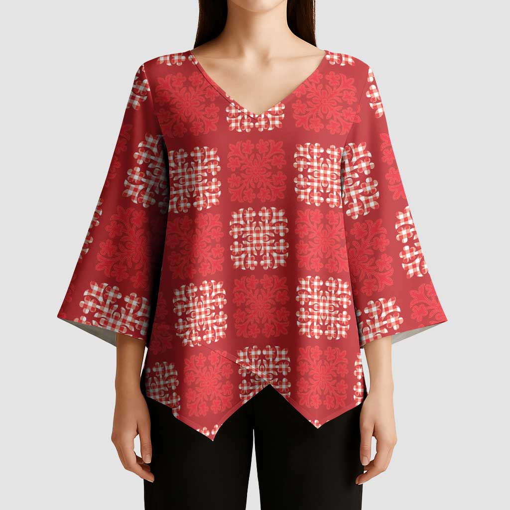 Red Palaka Quilt Hawaii Kimono Sleeve Blouse Traditional Hawaii-plaid Pattern - Polynesian Pride
