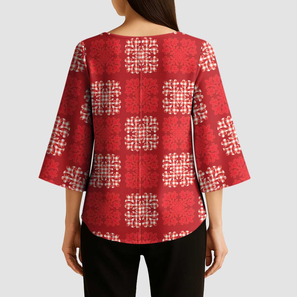 Red Palaka Quilt Hawaii Kimono Sleeve Blouse Traditional Hawaii-plaid Pattern - Polynesian Pride