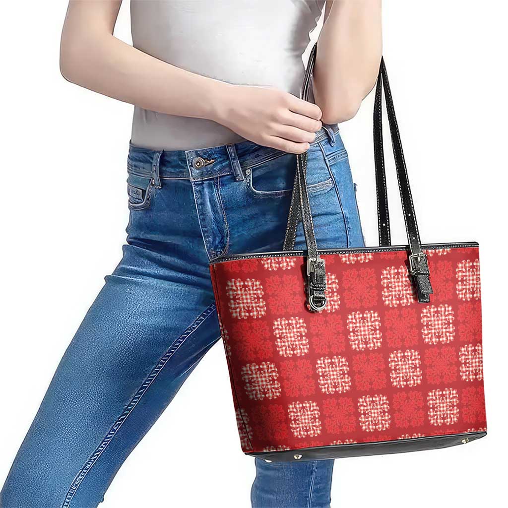 Red Palaka Quilt Hawaii Leather Tote Bag Traditional Hawaii-plaid Pattern - Polynesian Pride