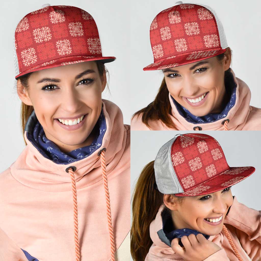 Red Palaka Quilt Hawaii Mesh Trucker Cap Traditional Hawaii-plaid Pattern - Polynesian Pride