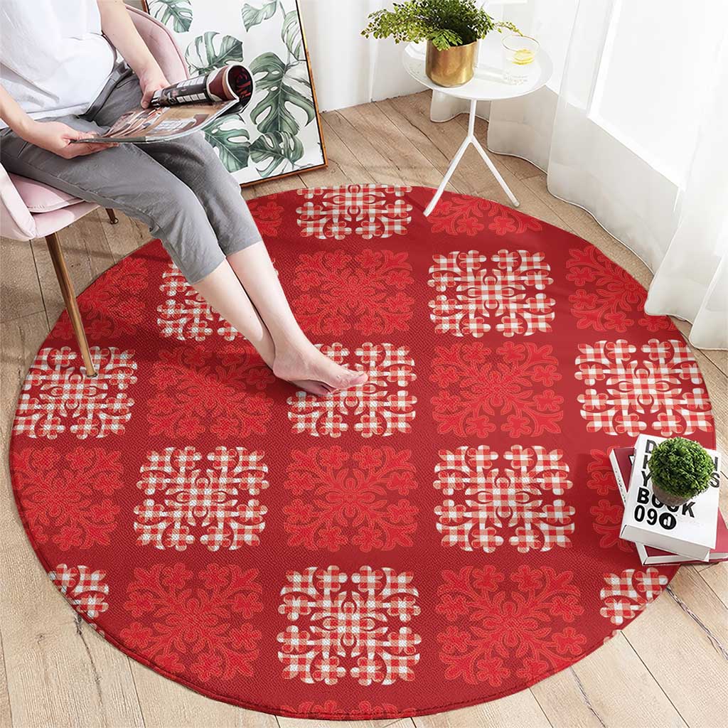 Red Palaka Quilt Hawaii Round Carpet Traditional Hawaii-plaid Pattern - Polynesian Pride