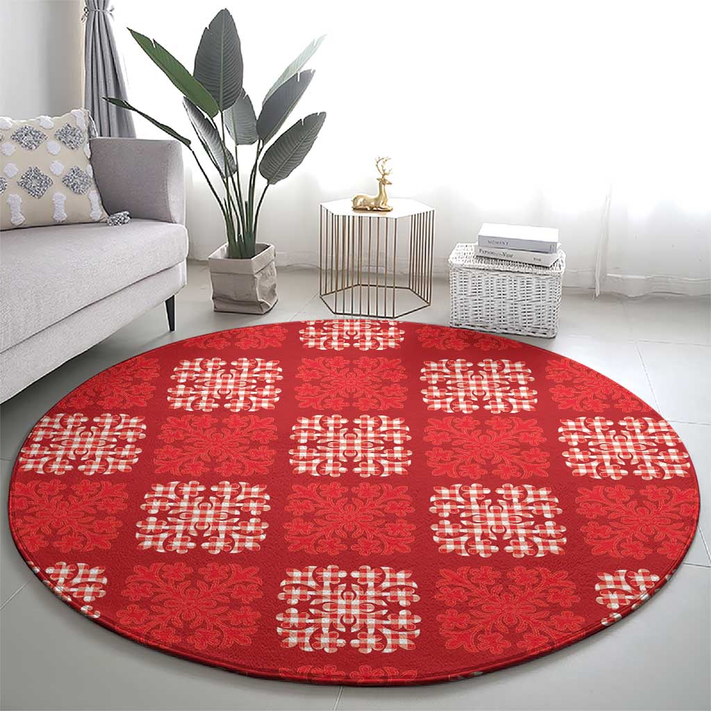 Red Palaka Quilt Hawaii Round Carpet Traditional Hawaii-plaid Pattern - Polynesian Pride