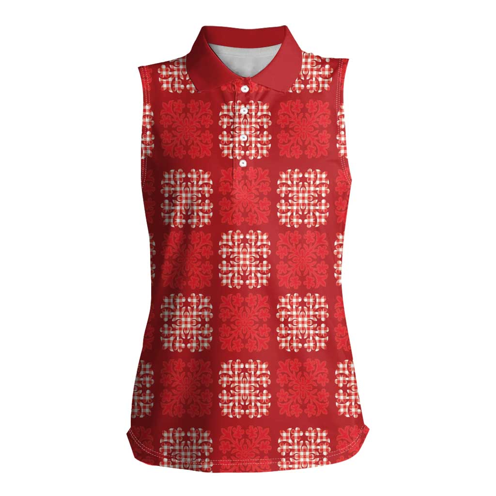 Red Palaka Quilt Hawaii Women Sleeveless Polo Shirt Traditional Hawaii-plaid Pattern - Polynesian Pride
