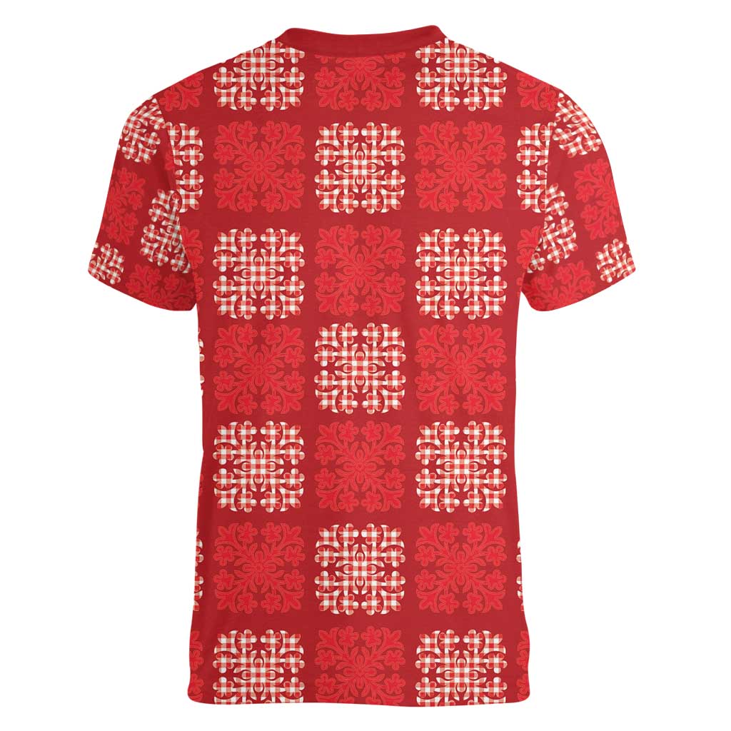 Red Palaka Quilt Hawaii Women V-Neck T-Shirt Traditional Hawaii-plaid Pattern - Polynesian Pride