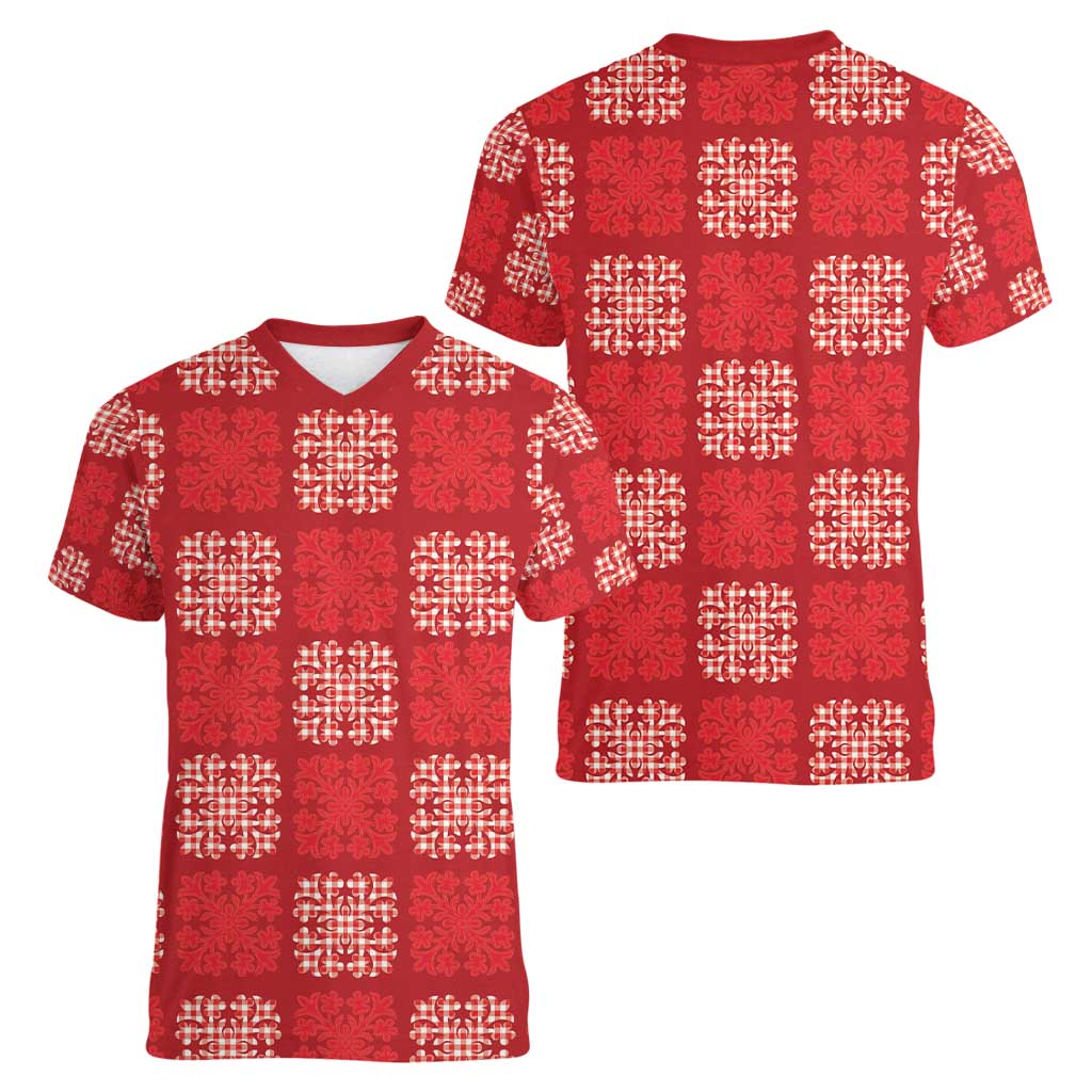 Red Palaka Quilt Hawaii Women V-Neck T-Shirt Traditional Hawaii-plaid Pattern - Polynesian Pride