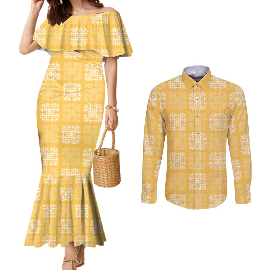 Yellow Palaka Quilt Hawaii Couples Matching Mermaid Dress and Long Sleeve Button Shirt Traditional Hawaii-plaid Pattern - Polynesian Pride