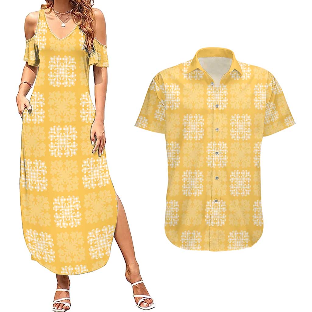 Yellow Palaka Quilt Hawaii Couples Matching Summer Maxi Dress and Hawaiian Shirt Traditional Hawaii-plaid Pattern - Polynesian Pride
