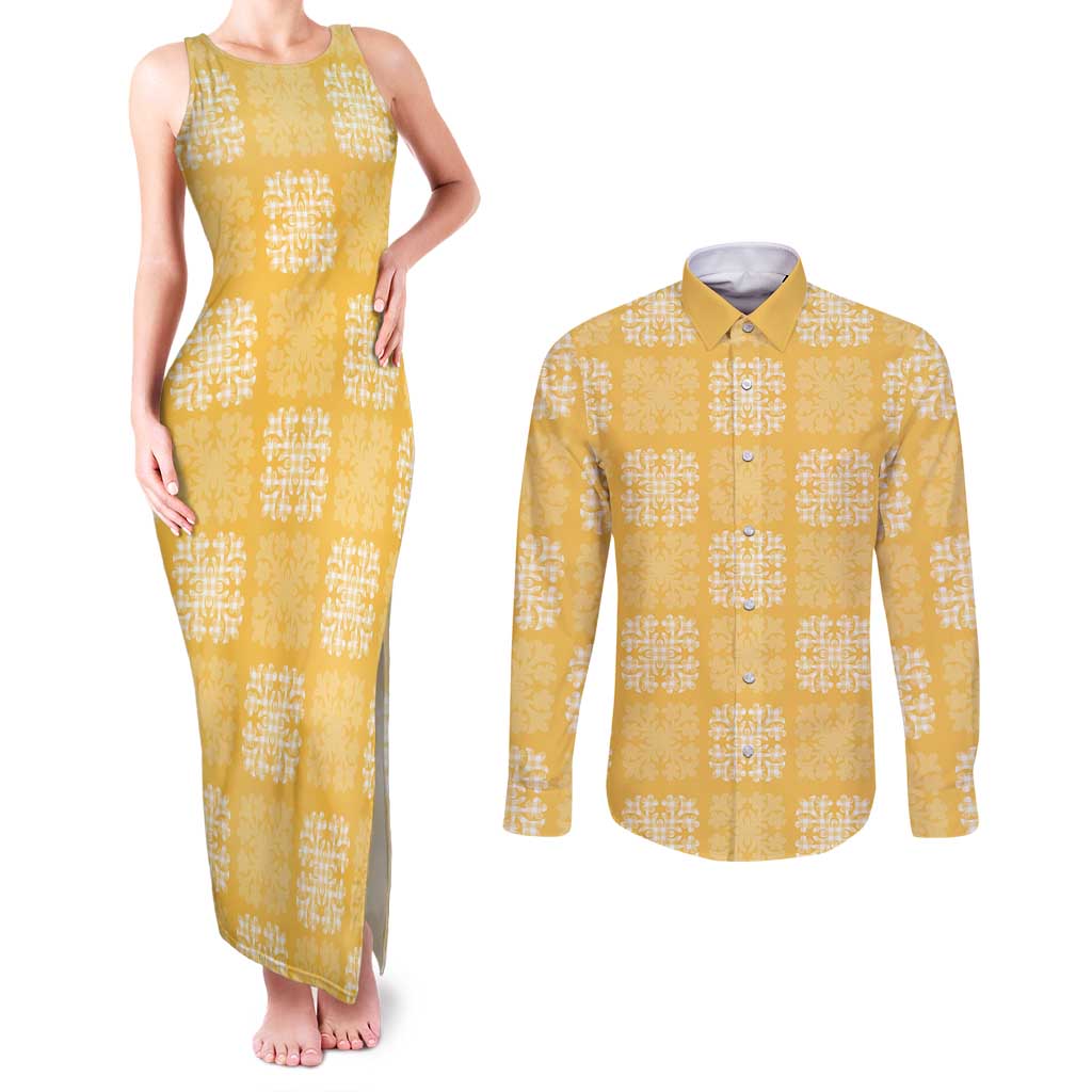 Yellow Palaka Quilt Hawaii Couples Matching Tank Maxi Dress and Long Sleeve Button Shirt Traditional Hawaii-plaid Pattern - Polynesian Pride