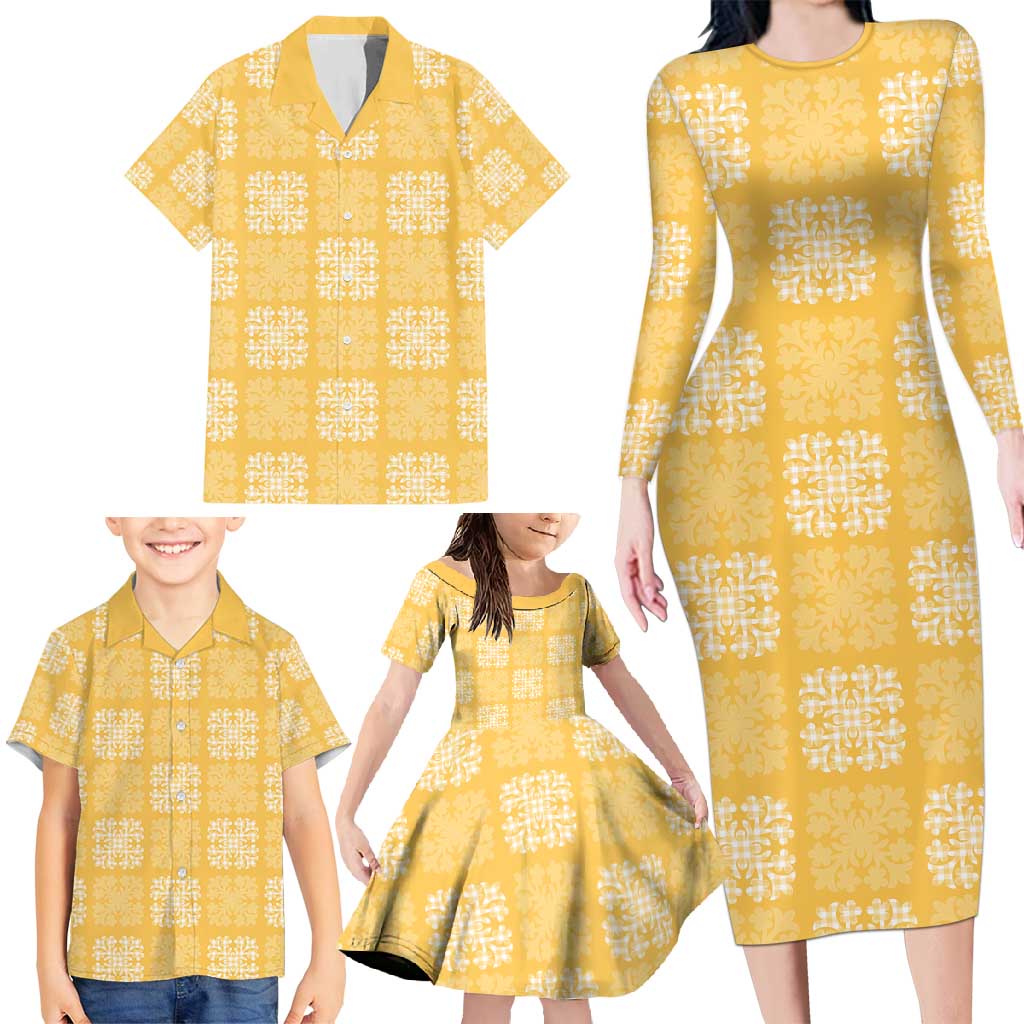 Yellow Palaka Quilt Hawaii Family Matching Long Sleeve Bodycon Dress and Hawaiian Shirt Traditional Hawaii-plaid Pattern LT14 - Polynesian Pride