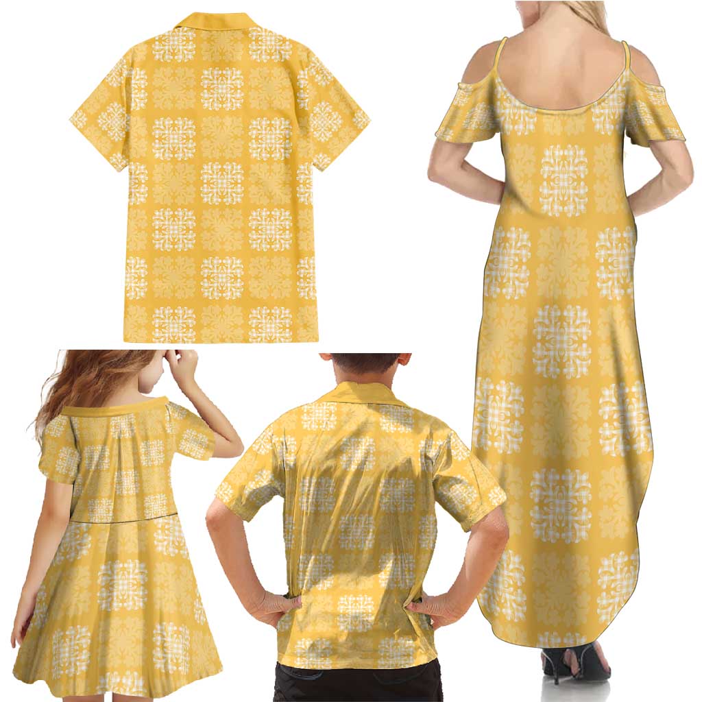 Yellow Palaka Quilt Hawaii Family Matching Summer Maxi Dress and Hawaiian Shirt Traditional Hawaii-plaid Pattern - Polynesian Pride
