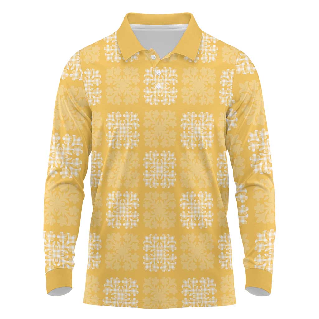 Yellow Palaka Quilt Hawaii Long Sleeve Polo Shirt Traditional Hawaii-plaid Pattern - Polynesian Pride