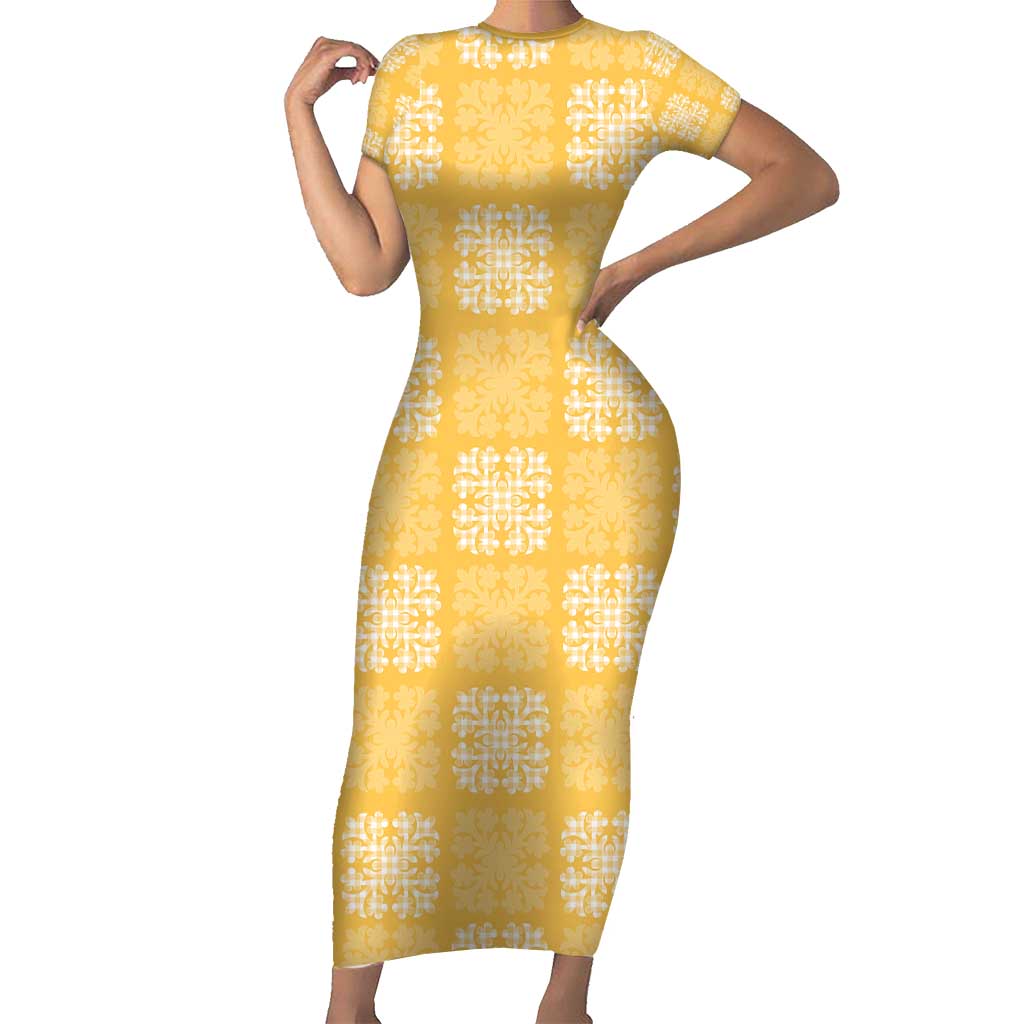 Yellow Palaka Quilt Hawaii Short Sleeve Bodycon Dress Traditional Hawaii-plaid Pattern - Polynesian Pride