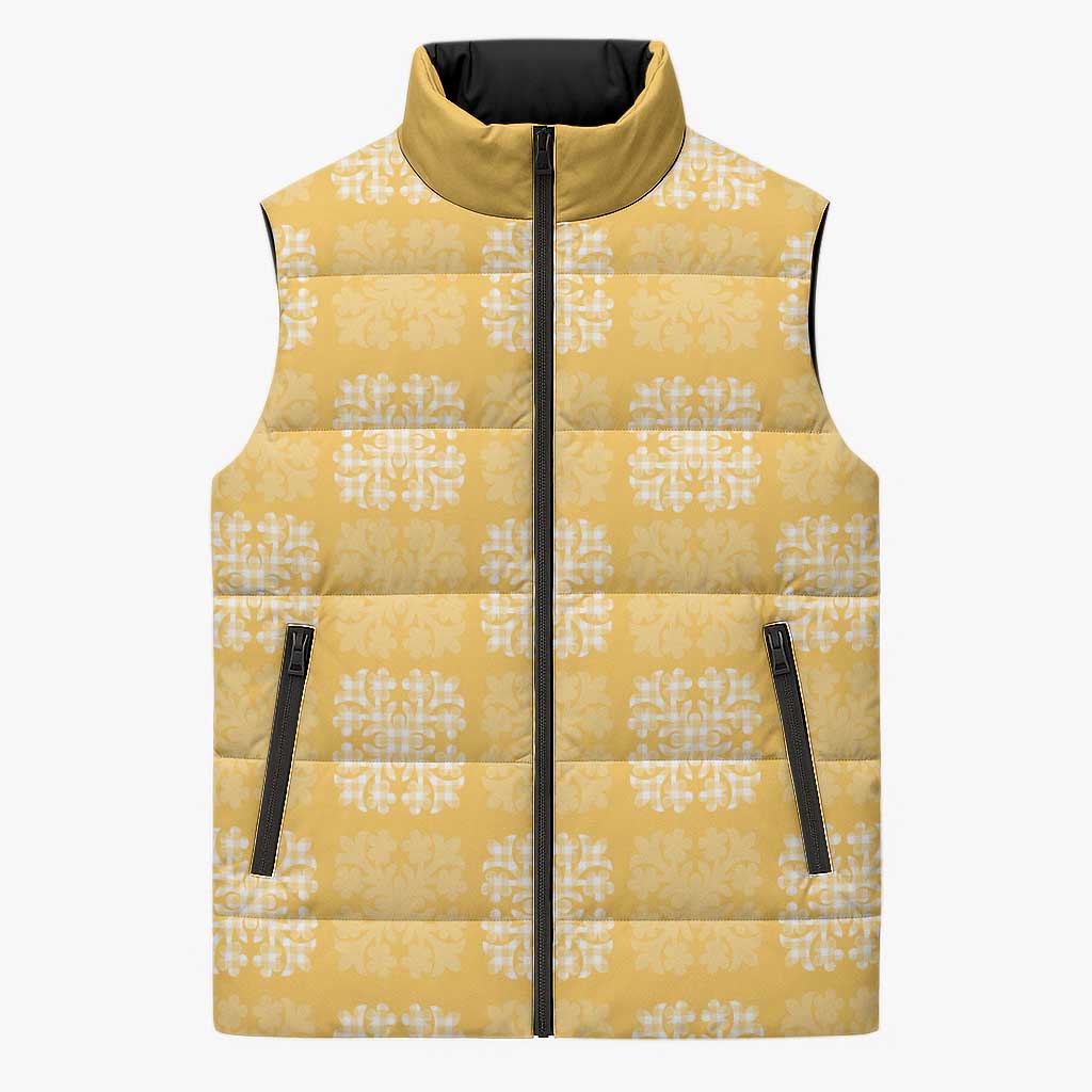 Yellow Palaka Quilt Hawaii Sleeveless Puffer Jacket Traditional Hawaii-plaid Pattern - Polynesian Pride