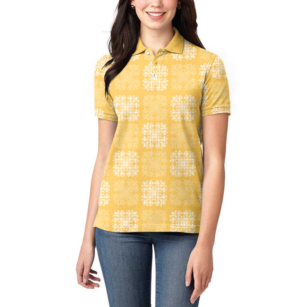 Yellow Palaka Quilt Hawaii Women Polo Shirt Traditional Hawaii-plaid Pattern - Polynesian Pride